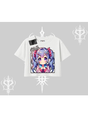 Oversize Crop Tshirt Hello Anime Kız Sevimli Karakter Baskılı