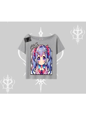 Kayık Yaka Tshirt Hello Anime Kız Sevimli Karakter Baskılı