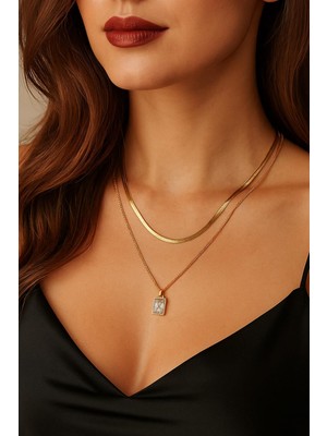 Hsc Bilişim Altın Renk Italyan Bakla Zincirli Taşlı Çelik Kolye