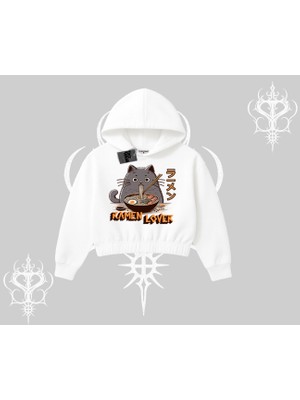 Kapşonlu Crop Sweatshirt Ramen Lover Kedi Anime Baskılı