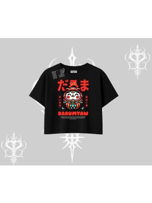 Oversize Crop Tshirt Daruma Kedi Anime Baskılı