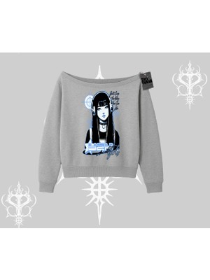 Kayık Yaka Sweatshirt Cyber Y2K Anime Girl Street Sound Aesthetic