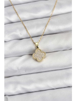 Marsilyan 316L Çelik Zincir Gold Renk Zirkon Taşlı Yonca Model Kadın Kolye