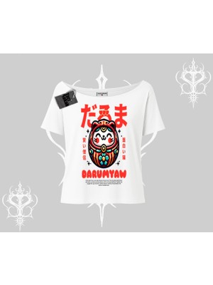 Kayık Yaka Tshirt Daruma Kedi Anime Baskılı