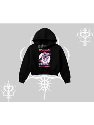 Kapşonlu Crop Sweatshirt Kawaii Cyberpunk Kız Japon Stil Baskı