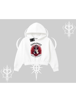 Kapşonlu Crop Sweatshirt Hard Rock Winged Guitar Rebellion