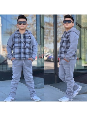 Burçak Butik Polar Garnili Fermuarlı Kapüşonlu Bel Lastikli Alt Üst 3ip Şardonlu Kışlık Takım - Bayramlık