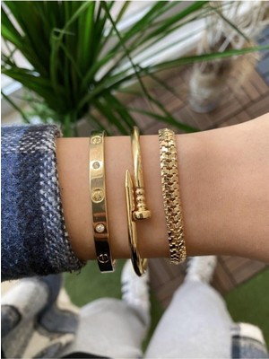 Hsc Bilişim Altın Renk Kadın 3'lü Kombin Kartier Çivi Tırtıl Renk Atmaz Bileklik Kombin Seti