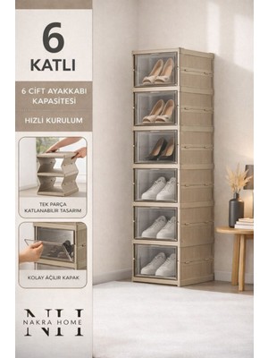 Nakra Home 6 Katlı Katlanır Ayakkabılık | Kapaklı Portatif Ayakkabı Dolabı & Raf Ünitesi “TOPRAK”