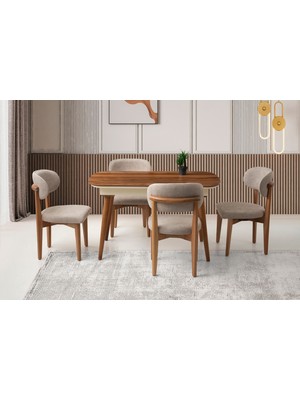Viento Mobilya Çınar Açılır Ahşap Ayak 130X80 Masa 4 Adet Bukle Kumaş Naturel Ahşap Nergis Sandalye Masa Takımı