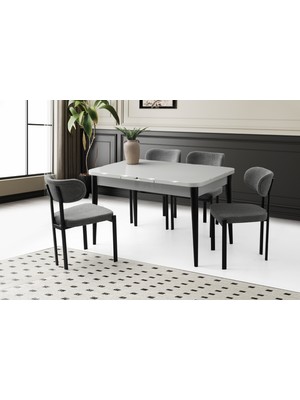 Viento Mobilya Kelebek Kütük Açık Gri Highgloss Açılır 130X80 Masa 6 Adet Bukle Kumaş Metal Pelin Sandalye Masa Takımı