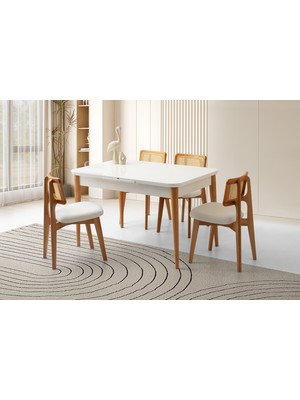 Viento Mobilya Kelebek Tekno Kar Beyaz Highgloss Açılır 130X80 Masa 4 Adet Bukle Kumaş Ahşap Kuzey Sandalye Masa Takımı