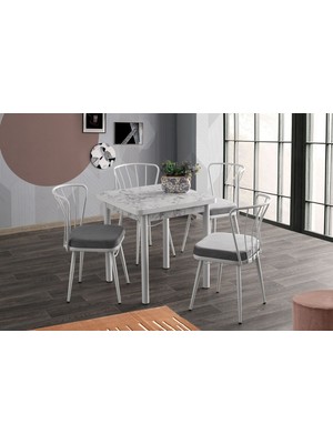 Viento Mobilya Enzi Beyaz Mermer Desen Sabit 70X70 Masa 4 Adet Babyface Metal Güneş Sandalye Masa Takımı