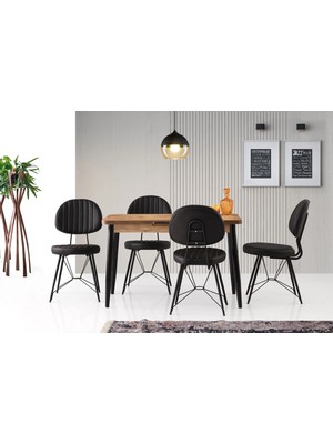 Viento Mobilya Silva Diş Budak Desen Açılır 120X70 Masa 4 Adet Suni Deri Metal Ahtapot Sandalye Masa Takımı