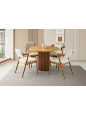 Viento Mobilya Orkide Naturel Sabit 100X100 Masa 4 Adet Bukle Kumaş Naturel Ahşap Rody Sandalye Masa Takımı