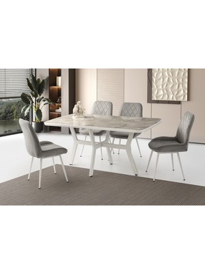 Viento Mobilya Adel Rambla Highgloss Sabit 160X90 Masa 6 Adet Babyface Kumaş Metal Ayak Fulya Sandalye Masa Takımı