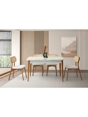 Viento Mobilya Kelebek Kütük Kar Beyaz Highgloss Açılır 130X80 Masa 4 Adet Bukle Kumaş Ahşap Paris Sandalye Masa Takımı
