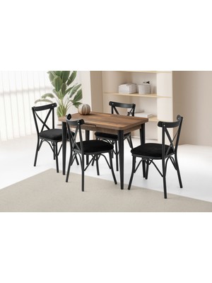 Viento Mobilya Milano Kelebek Barok Ceviz Açılır 100X60 Masa 4 Adet Babyface Metal Çapraz Sandalye Masa Takımı