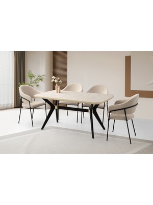 Viento Mobilya Anka Sidon Desen Açılır 160X90 Masa 6 Adet Bukle Kumaş Metal Ayak Evrim Sandalye Masa Takımı