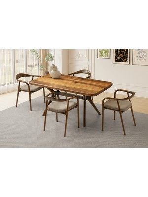 Viento Mobilya Doğal Ahşap Ceviz Sabit 160X90 Masa 6 Adet Babyface Kumaş Ceviz Yılan Sandalye Masa Takımı