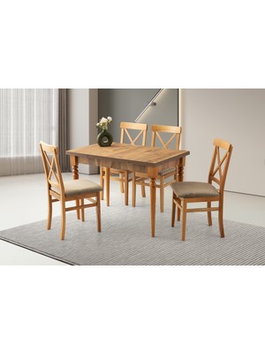 Viento Mobilya Smart Diş Budak Desen Yanlardan Açılır 110X70 Masa 4 Adet Babyface Ahşap Arin Sandalye Masa Takımı