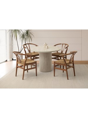 Viento Mobilya Orkide Sidon Desen Sabit 100X100 Masa 4 Adet Ahşap Wishbone Sandalye Masa Takımı