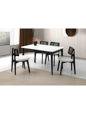 Viento Mobilya Fidan Beyaz Siyah Etek Açılır 130X80 Masa 4 Adet Bukle Kumaş Ahşap Kuzey Sandalye Masa Takımı