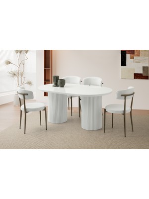 Viento Mobilya Orkide Kar Beyaz Highgloss Sabit 160X90 Masa 8 Adet Bukle Kumaş Metal Gözde Sandalye Masa Takımı