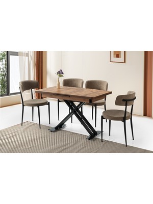 Viento Mobilya Silva Diş Budak Desen Açılır 120X70 Masa 6 Adet Bukle Kumaş Metal Gözde Sandalye Masa Takımı
