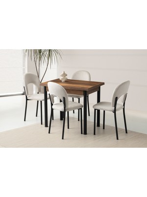 Viento Mobilya Smart Barok Ceviz Desen Yanlardan Açılır 90X60 Masa 4 Adet Babyface Metal Ay Sandalye Masa Takımı