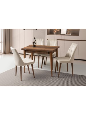 Viento Mobilya Kıvılcım Barok Ceviz Desen Yanlara Açılır 100X65 Masa 4 Adet Babyface Ahşap Ayak Sude Sandalye Masa Takım