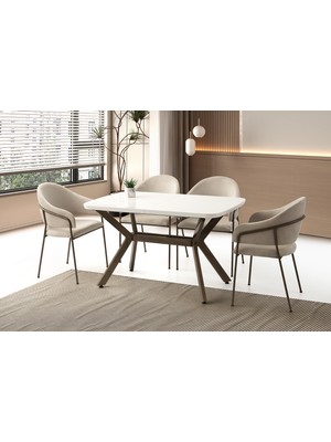 Viento Mobilya Anka Kar Beyaz Highgloss Açılır 130X80 Masa 4 Adet Babyface Kumaş Metal Evrim Sandalye Masa Takımı