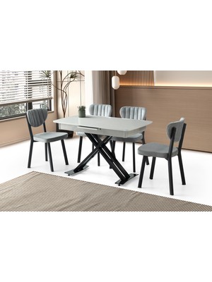 Viento Mobilya Milano Açık Gri Highgloss Açılır 120X70 Masa 4 Adet Babyface Metal Esinti Sandalye Masa Takımı