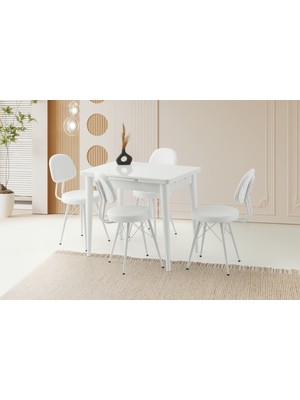 Viento Mobilya Arda Beyaz Renk Yanlardan Açılır 90X60 Masa 4 Adet Suni Deri Metal Ece Sandalye Masa Takımı
