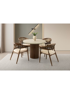 Viento Mobilya Orkide Sidon Desen Sabit 100X100 Masa 4 Adet Bukle Kumaş Ceviz Ahşap Gazel Sandalye Masa Takımı