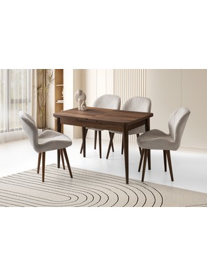 Viento Mobilya Milano Kelebek Barok Ceviz Açılır 120X70 Masa 4 Adet Babyface Ahşap Ayak Porto Sandalye Masa Takımı