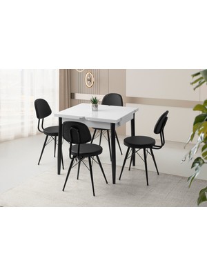 Viento Mobilya Kıvılcım Beyaz Renk Yanlara Açılır 80X75 Masa 4 Adet Siyah Suni Deri Metal Ece Sandalye Masa Takımı