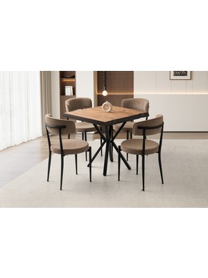 Viento Mobilya Kütük Diş Budak Desen Mdf Sabit 80X80 Masa 4 Adet Bukle Kumaş Metal Gözde Sandalye Masa Takımı