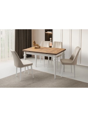 Viento Mobilya Arda Diş Budak Desen Yanlardan Açılır 120X80 Masa 4 Adet Babyface Ahşap Ayak Sude Sandalye Masa Takımı