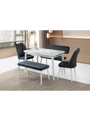 Viento Mobilya Silva Beyaz Mermer Desen Açılır 120X70 Masa 6 Kişilik Babyface Nova Bench Takımı Masa Takımı