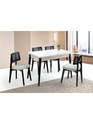 Viento Mobilya Milano Kelebek Beyaz Renk Açılır 120X70 Masa 4 Adet Bukle Kumaş Ahşap Kuzey Sandalye Masa Takımı