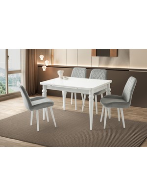 Viento Mobilya Arda Beyaz Renk Yanlardan Açılır 120X80 Masa 6 Adet Babyface Ahşap Ayak Fulya Sandalye Masa Takımı