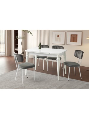 Viento Mobilya Arda Beyaz Renk Yanlardan Açılır 110X70 Masa 6 Adet Babyface Metal Pınar Sandalye Masa Takımı