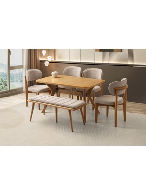 Viento Mobilya Rüya Naturel Renk Sabit 130X80 Masa 6 Kişilik Bukle Kumaş Ahşap Nergis Bench Takımı Masa Takımı
