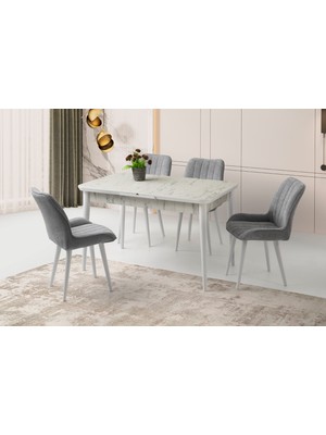 Viento Mobilya Kelebek Tekno Marmo Highgloss Açılır 130X80 Masa 4 Adet Bukle Kumaş Ahşap Ayak Fulya Sandalye Masa Takımı