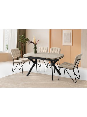 Viento Mobilya Still Sidon Desen Yanlardan Açılır 130X80 Masa 4 Adet Bukle Kumaş Metal Banky Sandalye Masa Takımı
