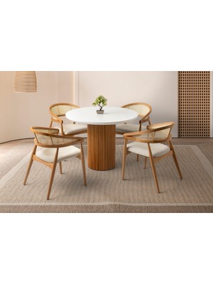 Viento Mobilya Orkide Kar Beyaz Highgloss Sabit 100X100 Masa 4 Adet Bukle Kumaş Ahşap Gazel Sandalye Masa Takımı