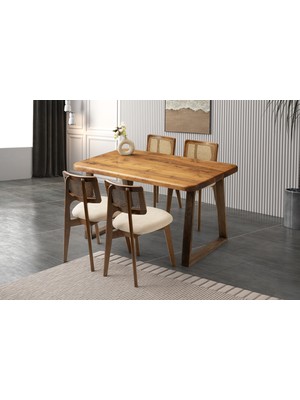 Viento Mobilya Doğal Ahşap Ceviz Sabit 140X80 Masa 4 Kişilik Bukle Kumaş Ceviz Kuzey Sandalye Masa Takımı