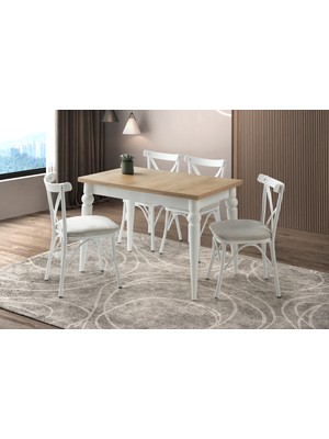 Viento Mobilya Smart Diş Budak Desen Yanlardan Açılır 110X70 Masa 4 Adet Babyface Metal Çapraz Sandalye Masa Takımı