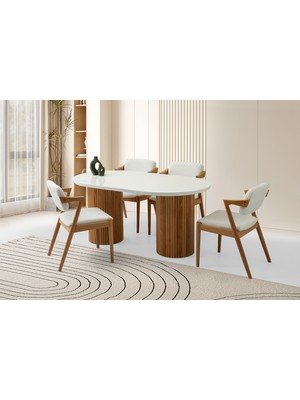 Viento Mobilya Orkide Kar Beyaz Highgloss Sabit 160X90 Masa 6 Adet Bukle Kumaş Ahşap Rody Sandalye Masa Takımı